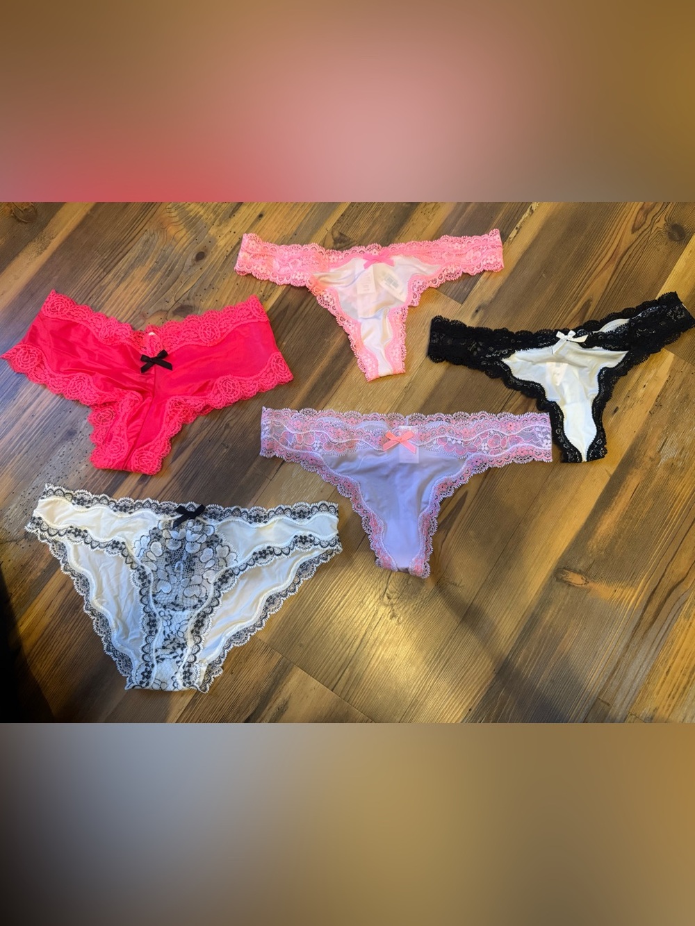 Lace Trim Bikini & Thong Panty Set - Pink, White, Black